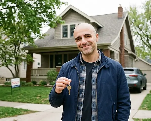 A smiling man holding a house key in front of a Milwaukee home with a SOLD sign on the lawn in daylight